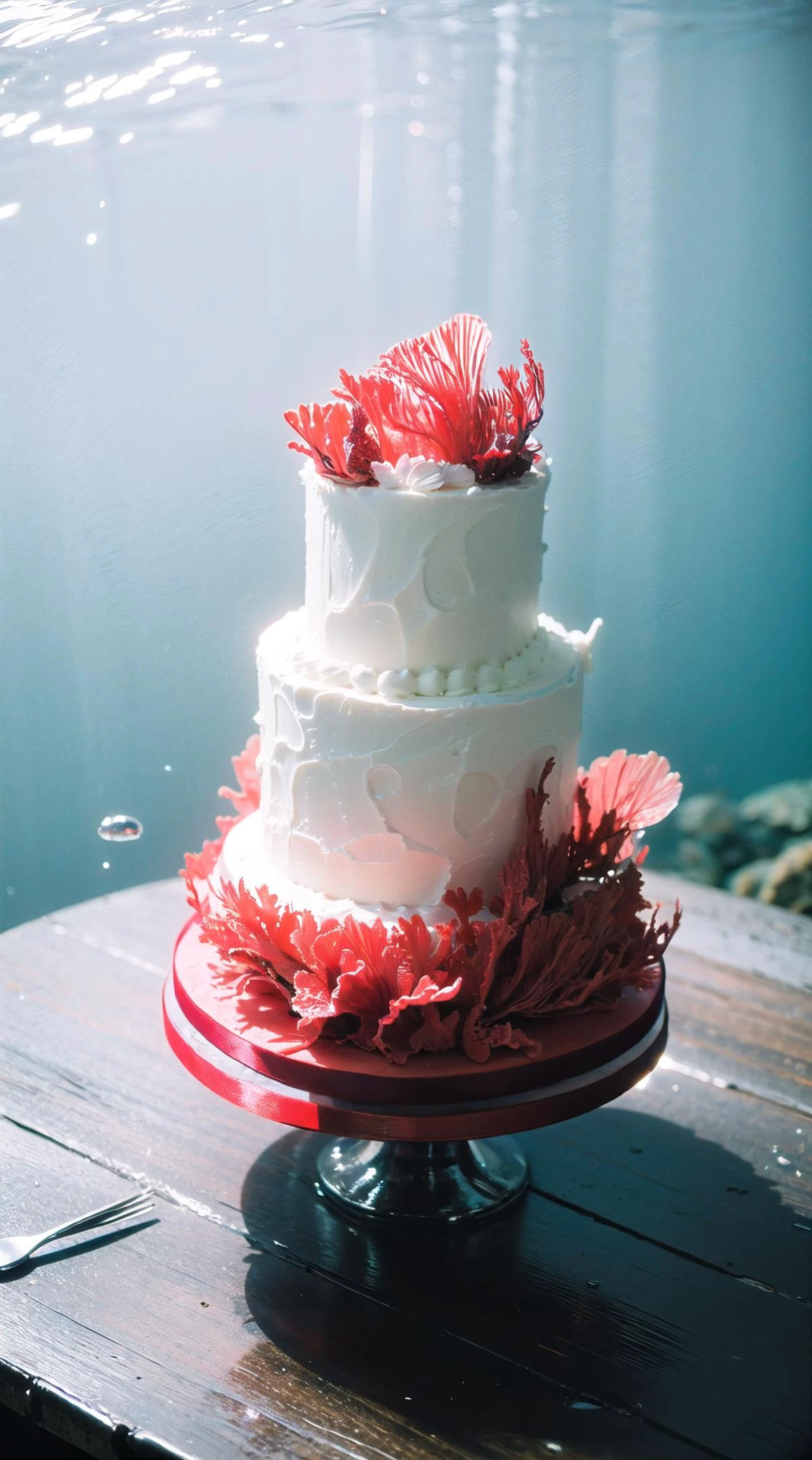 (underwater:1.3), (((wedding cake))), photography, realistic, photo-realistic, 8k, highly detailed, full length frame, High detail RAW color art, diffused soft lighting, shallow depth of field, sharp focus, hyperrealism, cinematic lighting, knollingcase, coral reef,