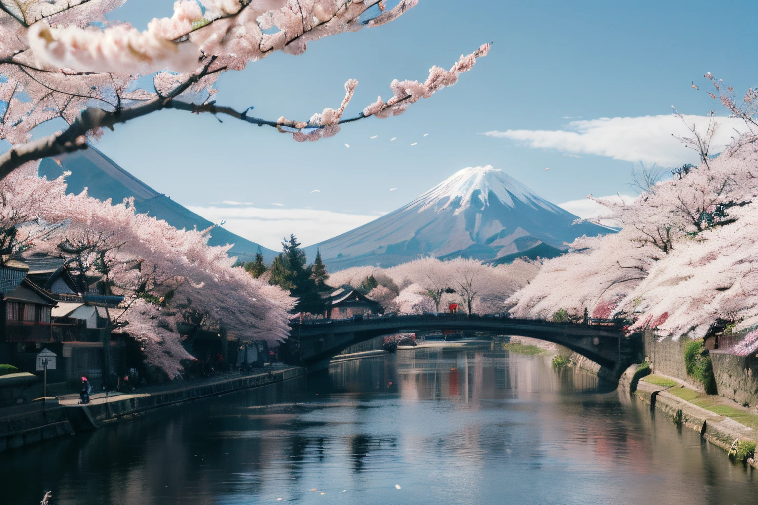 a painting of a picture of a river with cherry blossoms by a mountain,  scenery,  mountain,  cherry blossoms,  outdoors,  tree,  no humans,  sky,  cloud,  bridge,  mount fuji