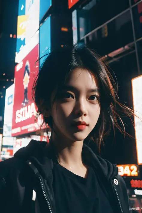 1 girl, detailed face, time square ,detailed background ,cyberpunk shadow ,dramatic lighting