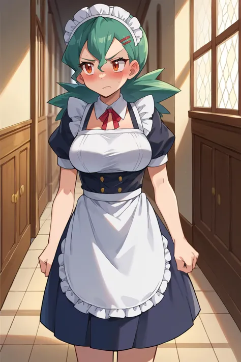 a close up of a woman in a maid outfit standing in a hallway