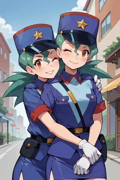 two anime characters dressed in uniforms hugging on the street