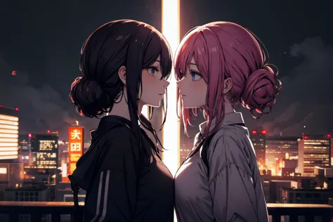 two anime girls standing next to each other in front of a city