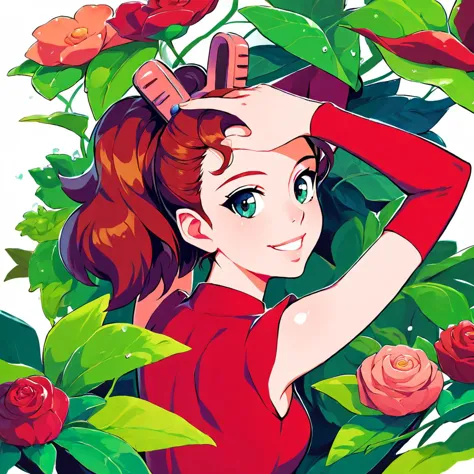 a cartoon girl with a red dress and a bow in a garden