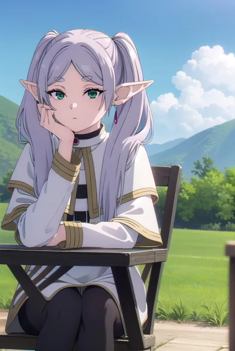 frieren, <lora:frieren-lora-nochekaiser:1>,
frieren, long hair, twintails, (green eyes:1.5), grey hair, pointy ears, elf,
BREAK shirt, long sleeves, jewelry, pantyhose, earrings, striped, black pantyhose, capelet, striped shirt,
BREAK looking at viewer, upper body, full body,
BREAK outdoors, sky, nature,
BREAK <lyco:GoodHands-beta2:1>, (masterpiece:1.2), best quality, high resolution, unity 8k wallpaper, (illustration:0.8), (beautiful detailed eyes:1.6), extremely detailed face, perfect lighting, extremely detailed CG, (perfect hands, perfect anatomy),