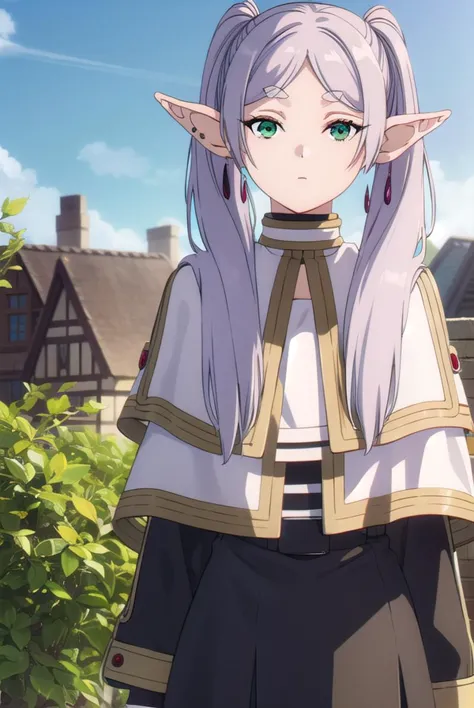 frieren, <lora:frieren-lora-nochekaiser:1>,
frieren, long hair, twintails, (green eyes:1.5), grey hair, pointy ears, elf,
BREAK shirt, long sleeves, jewelry, pantyhose, earrings, striped, black pantyhose, capelet, striped shirt,
BREAK looking at viewer, upper body, full body,
BREAK outdoors, sky, nature,
BREAK <lyco:GoodHands-beta2:1>, (masterpiece:1.2), best quality, high resolution, unity 8k wallpaper, (illustration:0.8), (beautiful detailed eyes:1.6), extremely detailed face, perfect lighting, extremely detailed CG, (perfect hands, perfect anatomy),