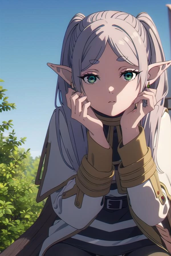 frieren, frieren, long hair, twintails, (green eyes:1.5), grey hair, pointy ears, elf,
BREAK shirt, long sleeves, jewelry, pantyhose, earrings, striped, black pantyhose, capelet, striped shirt,
BREAK looking at viewer, upper body, (full body:1.2),
BREAK outdoors, sky, nature,
BREAK (masterpiece:1.2), best quality, high resolution, unity 8k wallpaper, (illustration:0.8), (beautiful detailed eyes:1.6), extremely detailed face, perfect lighting, extremely detailed CG, (perfect hands, perfect anatomy),