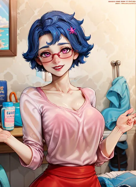 ((best quality)), ((highly detailed)), masterpiece, , (1girl), (glasses), dynamic pose, upper body, <lora:hairdetailer:.6>, <lora:emily:.9>, emily, blue hair, short hair, hair ornament, pink eyes, red lips, smiling, pink shirt, red dress, (inside, in a laundryroom), <lora:neocoill-Styke:1>