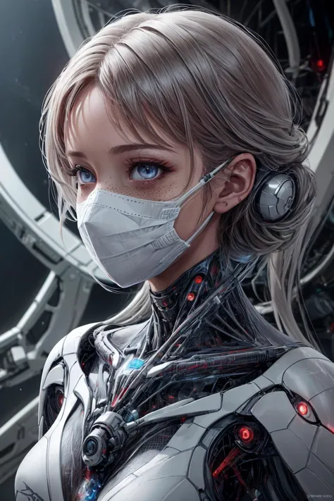 (best quality, masterpiece), 1 girl, adult (elven:0.7) woman, freckles, silver eyes, dark red medium hair,
portrait, looking down, solo, half shot, detailed background, detailed face, (scifi,  webbedtech theme:1.1), researcher, safety-goggles, shirt, science, futuristic, fantasy science lab in background, biology,    surgical mask, petri dish,  dna,