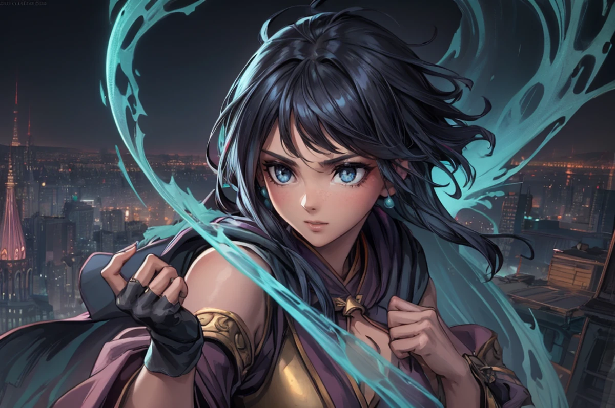 1-girl adult-older-woman freckles turquoise-eyes black-straight-hair BREAK (style-swirlmagic:0.7) looking-at-viewer solo half-shot detailed-background detailed-face ( webbedtech-theme:1.1) hair-flowing-in-the-wind monk dynamic-pose fighting-stance clenched-fist fingerless-gloves wristwraps dragon-themed-clothes monk-robes city-view-from-above-in-background depth-of-field dynamic-composition mystical-eastern-medieval-atmosphere