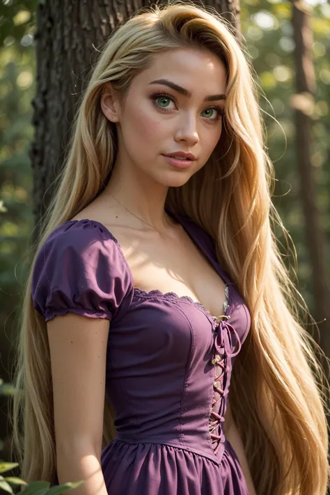 photo of a beautiful woman, (skinny:1.2), fit, detailed hair, detailed face, beautiful eyes,
((purple dress), (very long hair:1.4), (blonde), (green eyes)),
(blurred forest background, trees, flowers, mystical), (dynamic pose:1.2), (dynamic angle:1.2),
erotic, elegant, sensual, seductive, (masterpiece, best quality), (photorealistic:1.4), full body, perfect illumination, (best shadow),
rapunzelwaifu, 