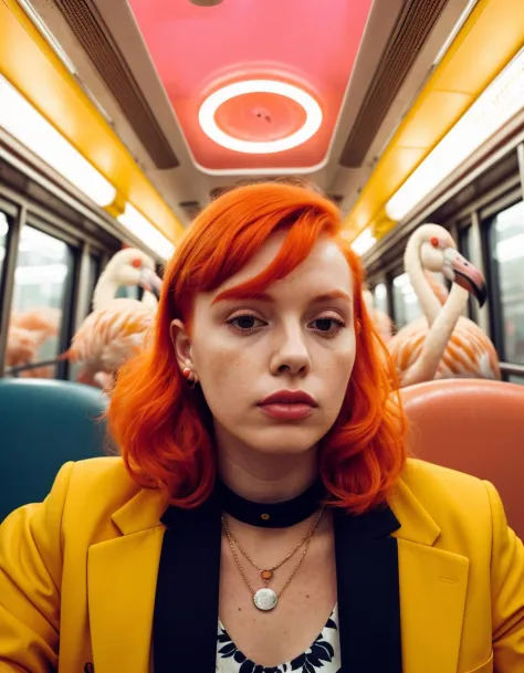 photo, woman with red hair sitting in in a train full of flamingos wearing a yellow orange high fashion outfit, very_low_angle_s...