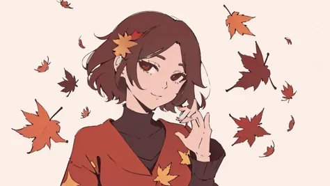 anime girl with brown hair and red sweater posing in front of falling leaves