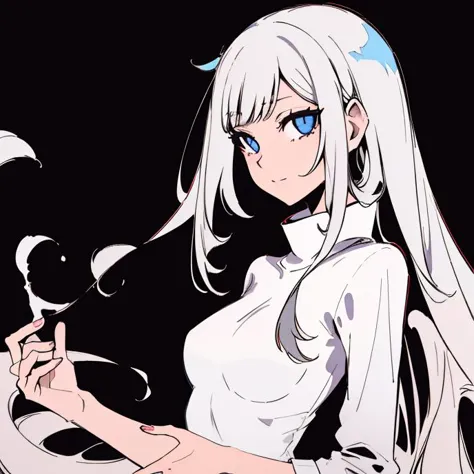 anime girl with long white hair and blue eyes holding a cigarette