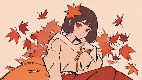 anime girl sitting on a pile of leaves with a bag