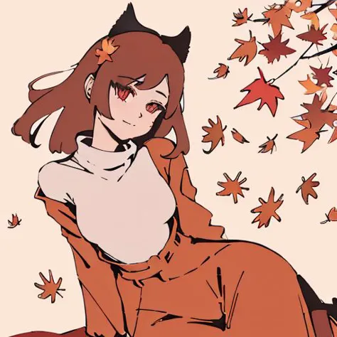 anime girl sitting on a blanket with leaves falling around her