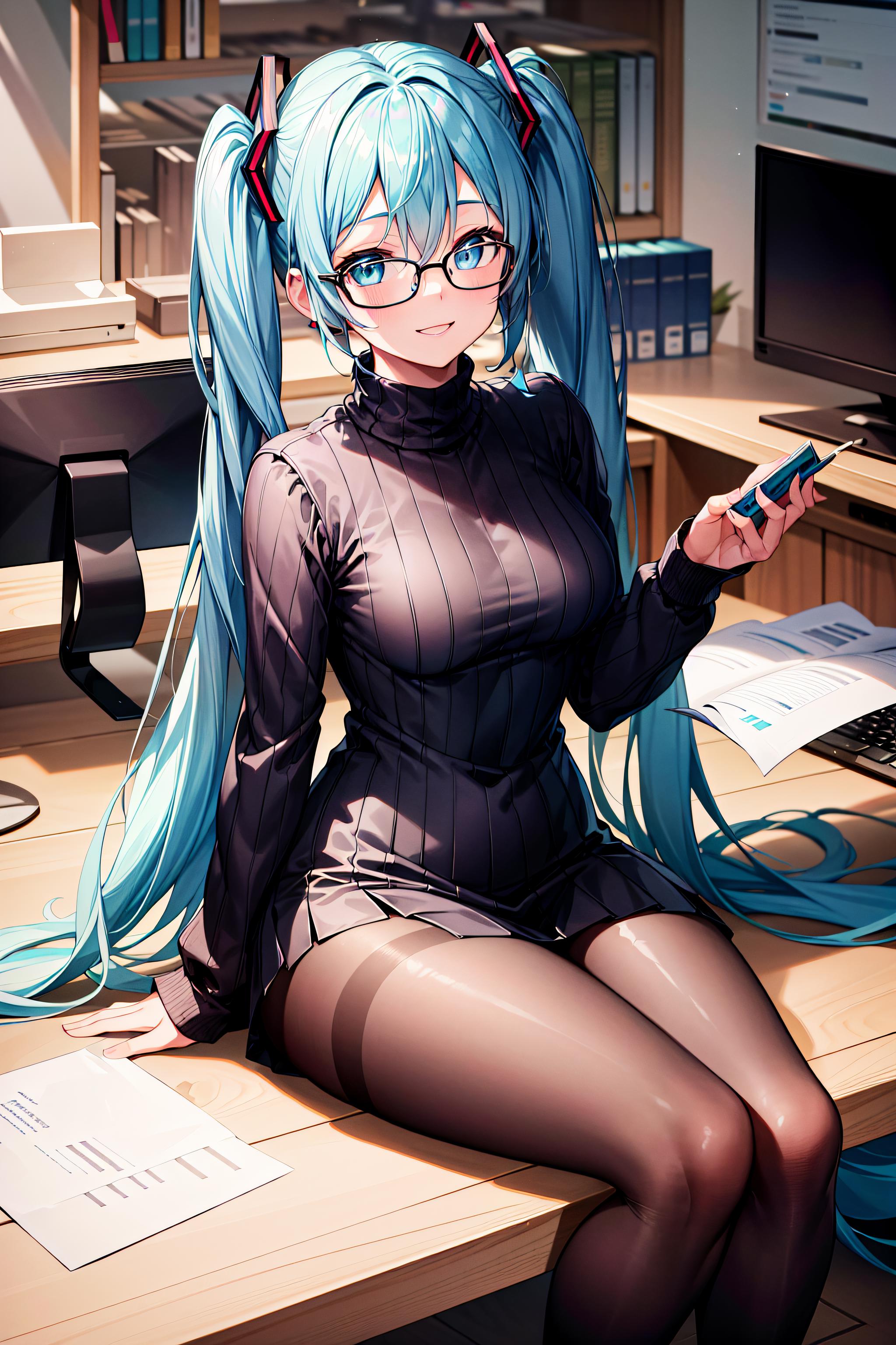 Anime girl sitting at a desk with a computer and a keyboard - SeaArt AI