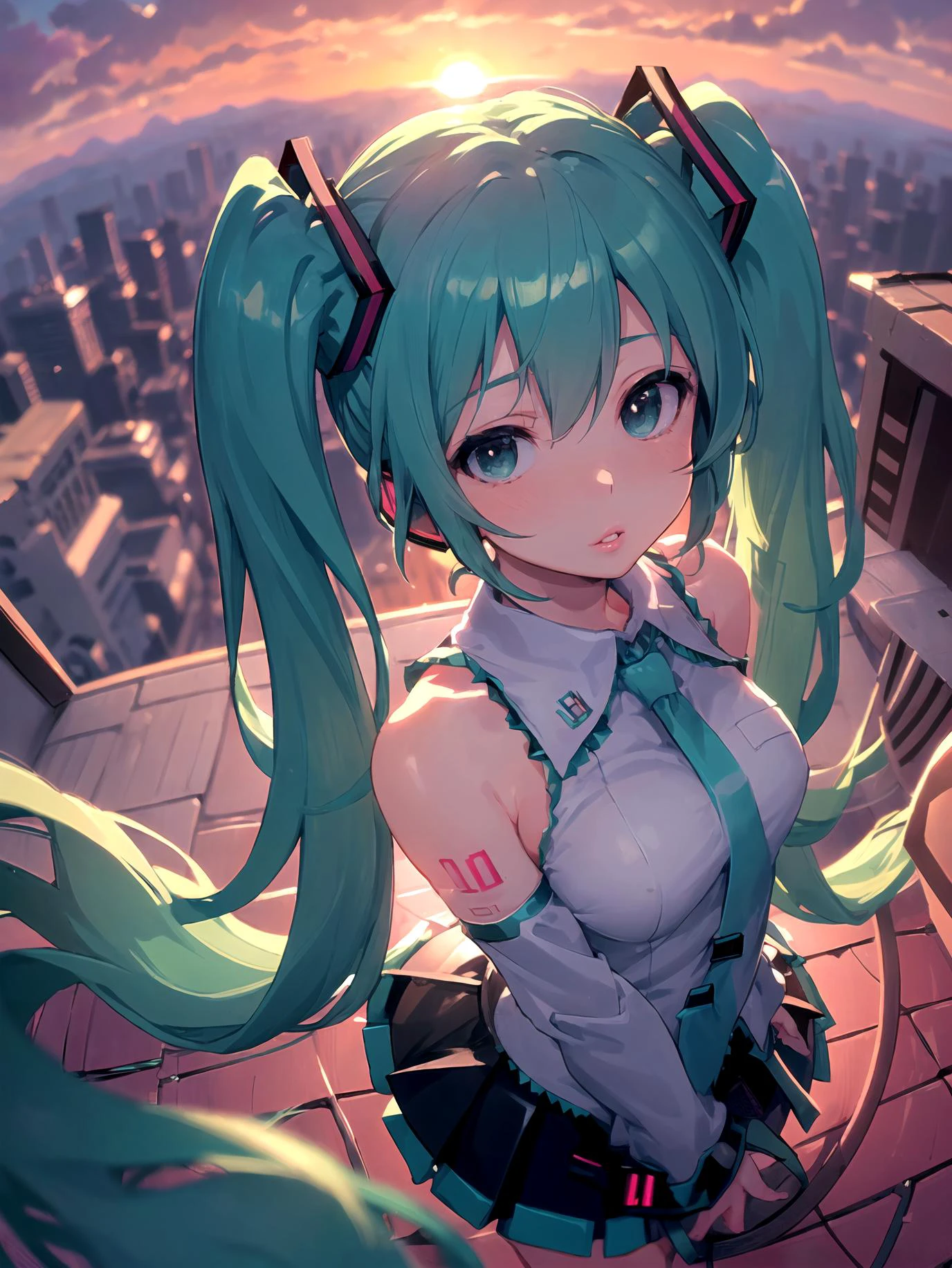 ((masterpiece))((sfw))
(best_quality)
(fisheye) (from_above)
(blurry_background) (depth_of_field)
(caustics)
(outdoors) (rooftop) (sunset) (backlighting) (sunlight)
                                 (Hatsune Miku) (twintails)
(parted_lips)