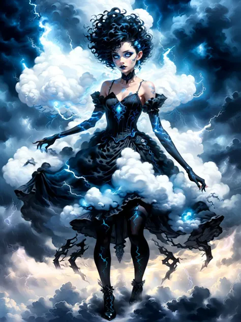 a woman in a dress is standing on a cloud with lightning