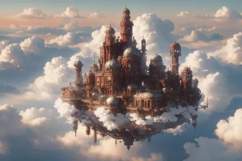 floating steam punk city in a sea of clouds, setting sun, red warm colors,  (masterpiece:1.2), best quality, (intricate details, hyperdetailed, highest detailed:1.2), (high resolution textures), <lora:cloudAI-000033:0.8> cloudAI