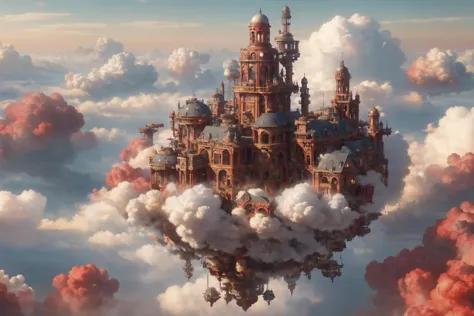 a close up of a castle in the sky with clouds