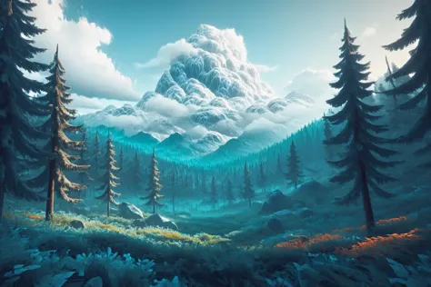 fantasy landscape,  (masterpiece:1.2), best quality, (intricate details, hyperdetailed, highest detailed:1.2), (high resolution textures), <lora:cloudAI:0.8> cloudAI <lora:MinimalLandscapeXL:1> drawing of a minimalist landscape, mountain, tree, forest