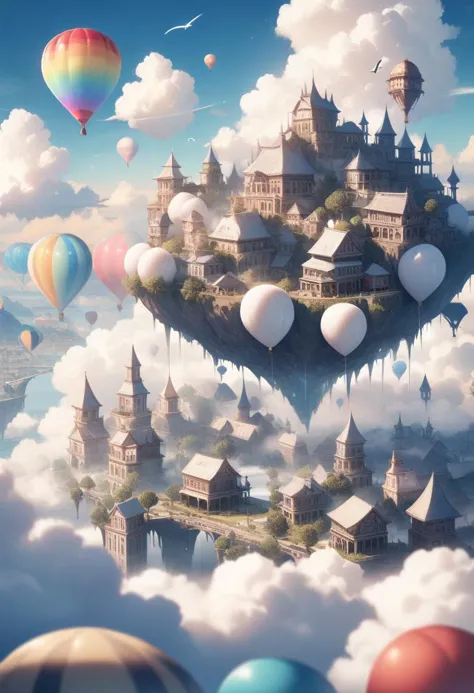 a close up of a castle in the sky with balloons flying around