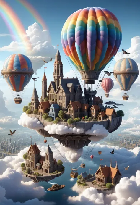 masterpiece, best quality, detailed, floating cities in the sky, multiple land masses, fantasy architecture, airships, hot air balloons, verticality, rainbows, birds, cloudAI,
<lora:cloudAI-000033:0.8>