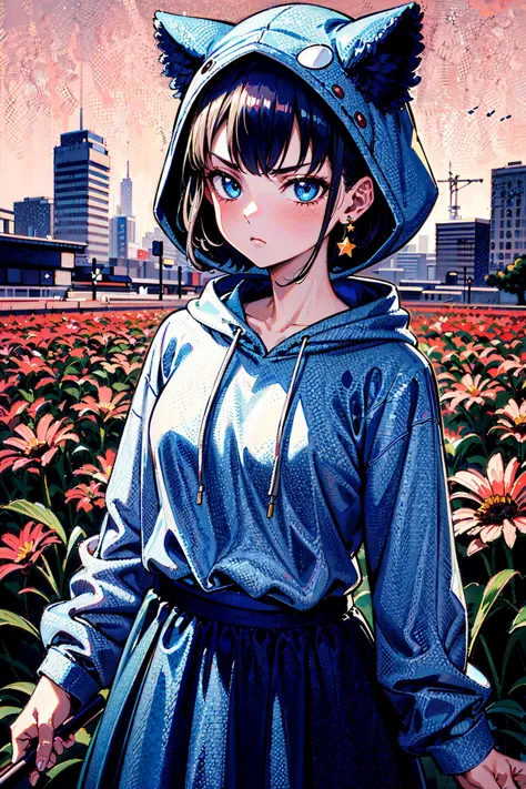 (best quality, masterpiece), 1girl, illustration, lofi artstyle, retro aesthetic, pop art<lora:Retro Lofi - Pop Art stylev1:2>, screentones,, upper body, flower field, flowers, dark, holding instrument, coral hair, very short hair, asymmetrical bangs, indigo eyes, petite, (animal hoodie, long skirt), medium breasts, angry, star earrings, sad