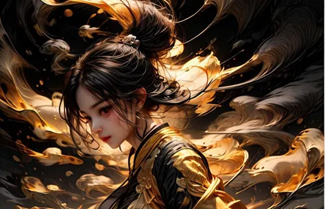 a close up of a woman with a fire in her hair