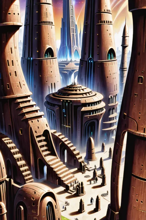 there is a painting of a futuristic city with a lot of tall buildings