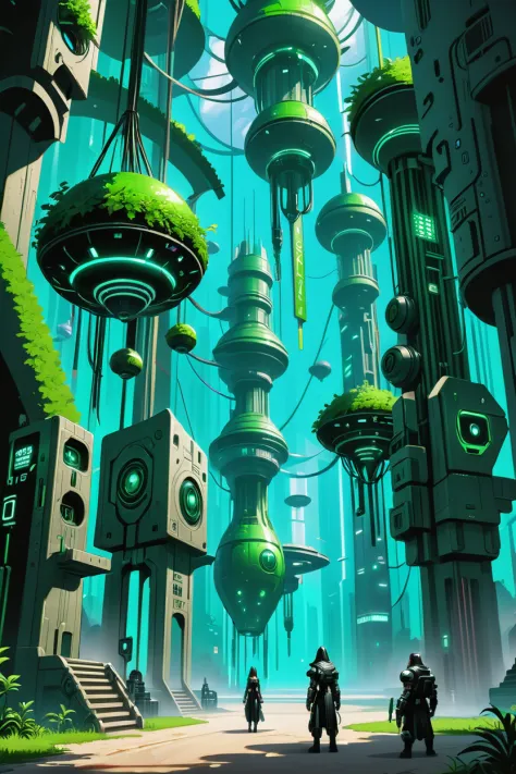 cyberpunk, scifi, hanging garden in a impossible infra  forest green fantasy cosmic topia beyond the end of the multiverse, masterpiece, by Aedel Fakhrie<lora:EnvyBetterHiresFixXL01:0:hr=1><lora:EnvyNeolithicXL01:1>