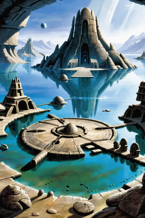 a painting of a futuristic city in the middle of a lake