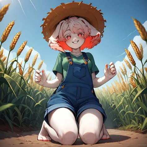 score_9, score_8_up, score_7_up, score_6_up, score_5_up, score_4_up, source_furry, outdoors, garden, wheat field BREAK
 <lora:ImaBunBun_XL_Pony_Edition:1.2> imabunbun, rabbit girl, rabbit ears, two-tone hair, white fur, short hair, 1girl, solo, spiral eyes, red eyes BREAK
kneeling, looking at viewer, smile, blue overalls, green t-shirt, from below, depth of field, straw hat, medium breasts,