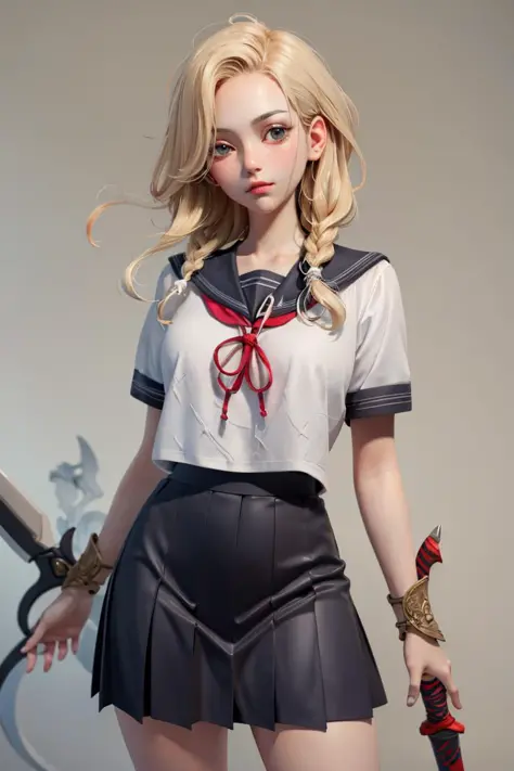 <lora:stylized3DModelLora_v30:0.65>, 
1girl, looking at viewer,  serafuku, pleated skirt,  holding sword,
masterpiece, best quality, 8k, detailed skin texture, detailed cloth texture,  beautiful detailed face, intricate details, ultra detailed