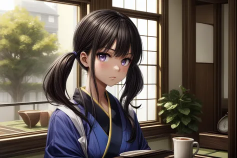 anime girl with ponytail hair sitting at a table with a cup of coffee