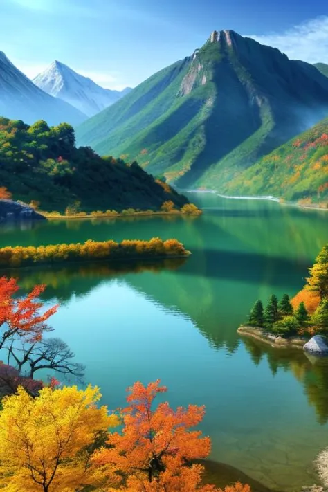 a beautiful korean mountain with lake, (masterpiece), (portrait), (raw photo), (extremely detailed cg unity 8k wallpaper) intric...