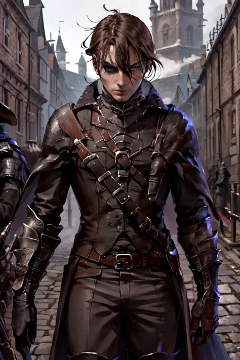 Highly detailed, High Quality, Masterpiece, beautiful, edgBB, black gloves, belt, coat, torn clothes,  capelet, gauntlets,arms at sides, vambraces, black capelet, tricorn, hunter (bloodborne), man wearing edgBB_outfit, castle, village, old city, fog, fighting stance, DimitriPre, 