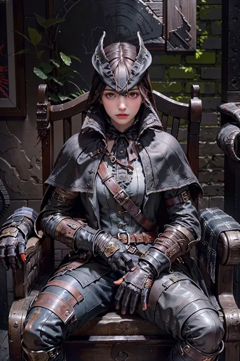 (best quality, high resolution, extremely detailed,grainy:1.2), <lora:edgBloodborne:0.85> , edgBB sitting on chair, black gloves, belt, coat, torn clothes,  capelet, gauntlets,arms at sides, vambraces, black capelet, tricorn, hunter (bloodborne), woman wearing edgBB_outfit, detailed clothing, expensive clothing,