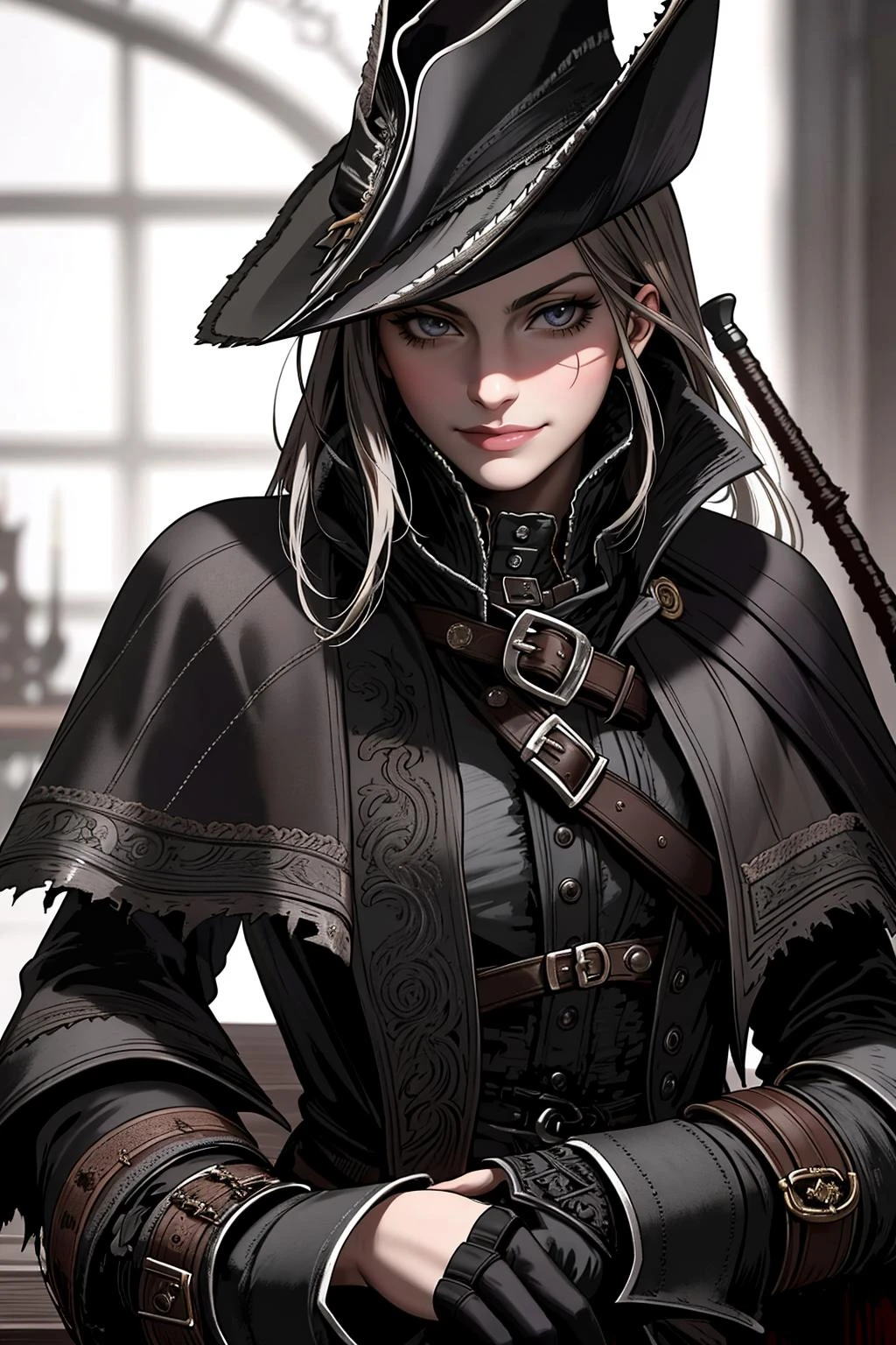 ((Masterpiece, best quality)),edgQuality,smirk,smug,posing for a picture
edgBB, tricorne, hunter (bloodborne),coat, torn clothes, black headwear, capelet ,woman wearing edgBB_outfit
 