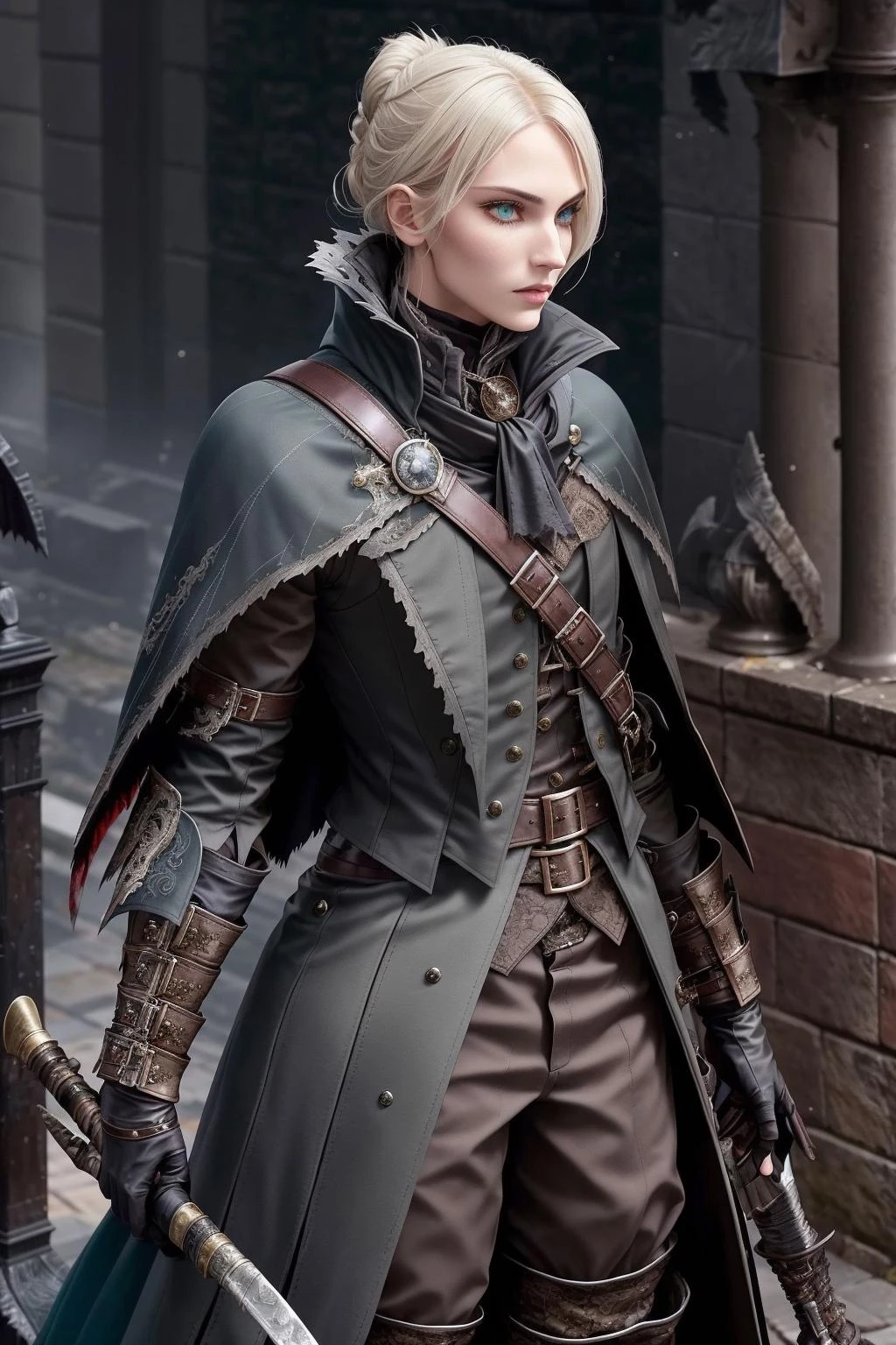 a action photo of a spare warrior, intricate, edgBB, torn clothes, belt, gauntlets, tricorn, vambraces, black gloves, hunter (bloodborne), black capelet, capelet, coat, woman wearing edgBB_outfit, glamorous, perfect face, teal eyes, ash blonde hair, big hair, flat chest, under a starry sky,