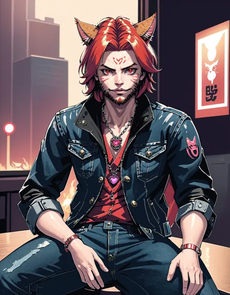 reshadexl, red theme, solo, looking at viewer, red eyes, 1boy, navel, animal ears, jewelry, sitting, jacket, male focus, red hai...
