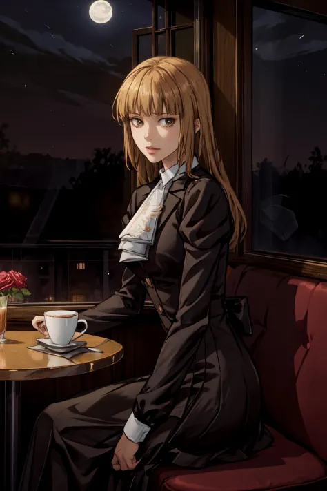 (masterpiece),(best quality), <lora:UshiromiyaRosa:0.75>, Rosa, main outfit, long red skirt, ushiromiya ascot,  sitting in a cafe, (cafe shop), looking out of window, beautiful face, beautiful moonlight, ((night)), best quality, ((night)), <lora:Adddetail:0.7>, looking at the viewer