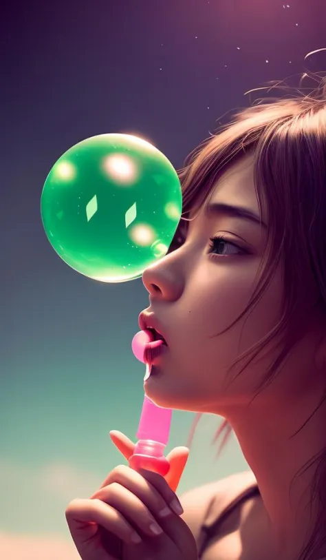 blowing bubble gum, green bubble gum,young girl, abstract dream, space, intricate, grand scale, alone, cinematic film still, insane detail, sharp focus, depth of field, realistic lighting, (realistic perspective), complex, (multiple subjects), 4k HDR, <lor...