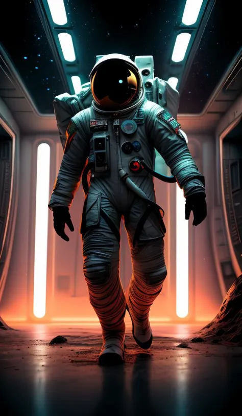 infrared concept art by craig mullins astronaut holds a black hole in his hands in futuristic dark and empty spaceship underwate...