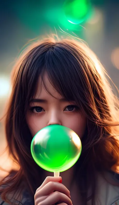 blowing bubble gum, green bubble gum,young girl, abstract dream, space, intricate, grand scale, alone, cinematic film still, insane detail, sharp focus, depth of field, realistic lighting, (realistic perspective), complex, (multiple subjects), 4k HDR, <lor...