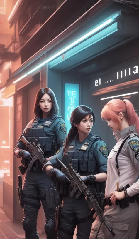 anime key visual of a team of multiple female swat officer ready to attack, neon, cyberpunk, futuristic, stunning, highly detail...