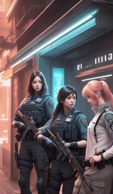 Visuel clé d'anime d'une équipe de plusieurs femmes officiers du SWAT prêtes à attaquer, néon, cyberpunk, futuriste, superbe, très détaillé, peinture numérique, lisse, mise au point douce, illustration, Affiche de film, Typographie japonaise, Art numérique d'ArtStation par Artgerm, Greg Rutkowski et Alphonse Mucha