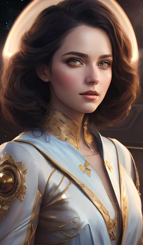 Una hermosa mujer con un vestido de fiesta de temática espacial.. hermosa cara muy detallada. Pintura de Artgerm y Greg Rutkowski y Magali Villanueve.