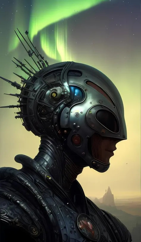 um retrato de pintura detalhada inspirado em Moebius e Beksinski de um vibrante cavaleiro de armadura com fusão de líquido e aurora inspirado em escultura detalhada. inspirado em alienígena. inspirado em dieselpunk. inspirado na varredura do cérebro. Pôster de ficção científica. tronco. cena cinematográfica de ficção científica. anatomia precisa. Simetria. tema de retrato e ficção científica com relâmpagos, iluminação aurora. nuvens e estrelas. fumaça. futurism. fantasia. por Beksinski Carl Spitzweg. elementos barrocos. baroque element. obras de arte intrincadas de caravaggio. pintura a óleo. óleo sobre tela. premiado. dramático. tendências no artstation. 8 mil