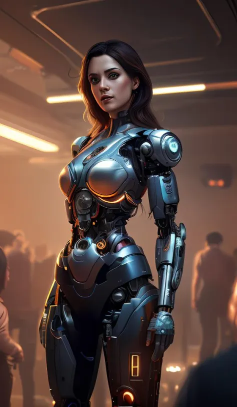 ultra realistic, beautiful female cyborg in a crowded smoky cyberpunk club in space megalopolis, sci-fi, intricate details, eeri...